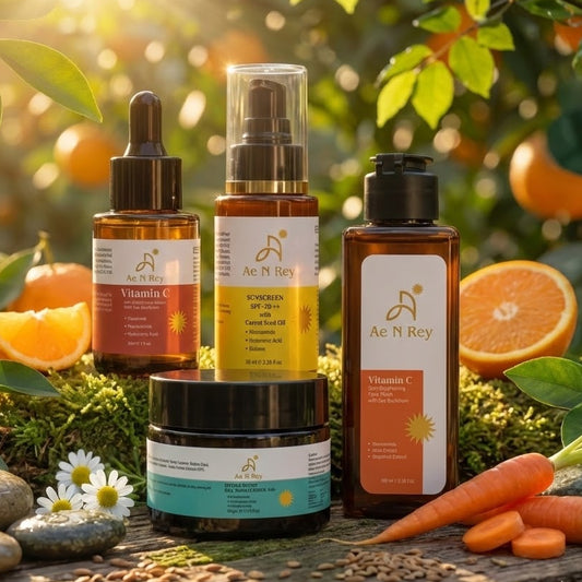 Cosmetic products with natural elements like oranges and carrots on a wooden surface with a blurred natural background.