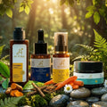Aes'N Rey skincare products with natural elements on a forest floor