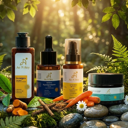 Aes'N Rey skincare products with natural elements on a forest floor